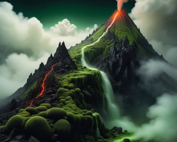Majestic Volcano Erupting Amidst Lush Landscape