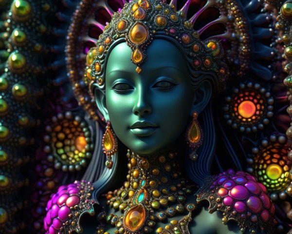 Intricate figure with vibrant gemstones and ornate patterns