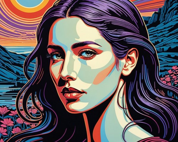 Portrait of a Woman with Surreal Mountain Sunset