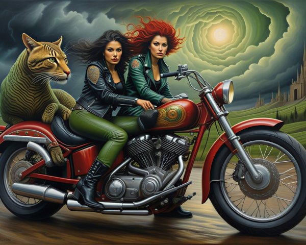 Women on Motorcycle with Tiger in Dramatic Setting