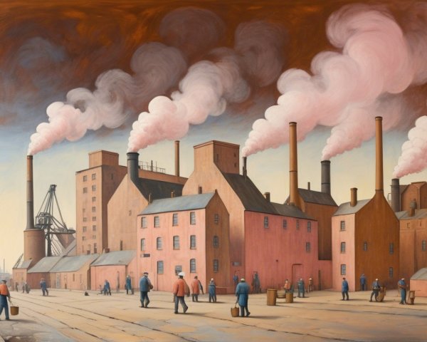 Industrial Scene with Factories and Workers in Pink Smoke