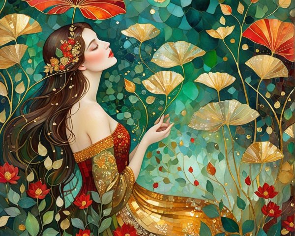Serene Woman in Vibrant Foliage with Golden Accents