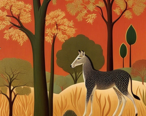 Stylized landscape with orange sky and black deer