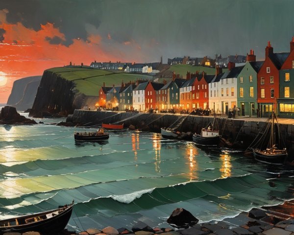 Seaside Village at Sunset with Colorful Buildings