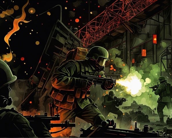 Tense Battlefield Scene with Soldiers in Combat
