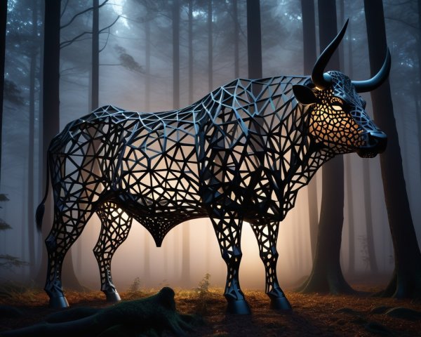Sculpture of a Bull in a Misty Forest Setting
