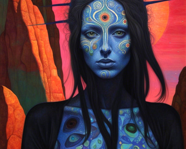 Woman with Blue Body Paint and Vibrant Sunset Background