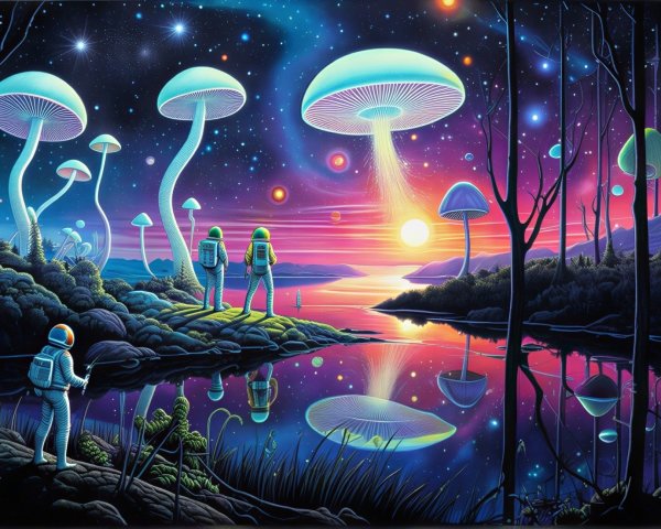 Astronauts on an Alien World with Glowing Flora and Sunset