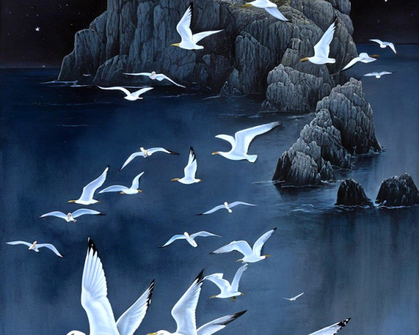 Serene Night Scene with Lighthouse and Seagulls