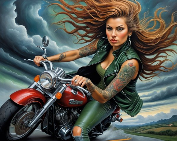 Fierce Female Biker on Red Motorcycle in Dramatic Sky