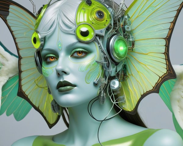 Futuristic Figure with Butterfly Wings and Mechanical Elements