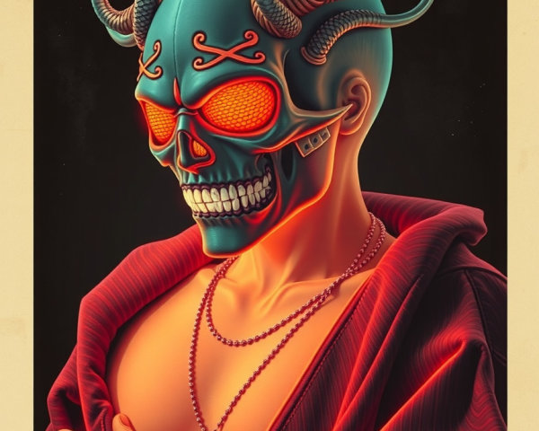 Stylized blue skull character with vibrant details