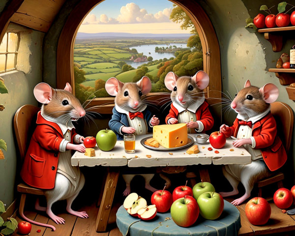 Mice in Red Jackets Enjoying a Cozy Cottage Feast