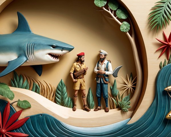 Pirate Figures Conversing on a Tropical Shoreline