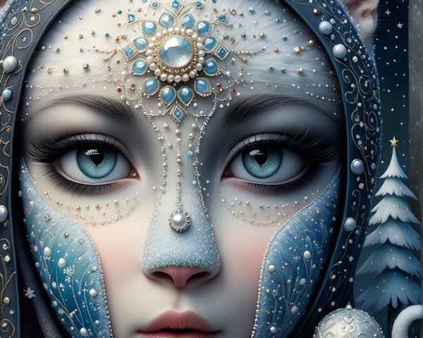 Stylized portrait of a woman with fur skin and mask