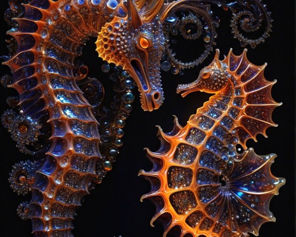 Intricate glass sculpture of ornate seahorses