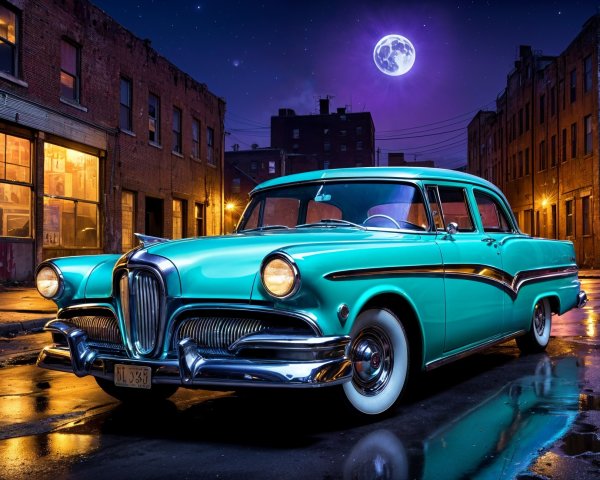 Vintage Turquoise Car in Dimly Lit Urban Alley