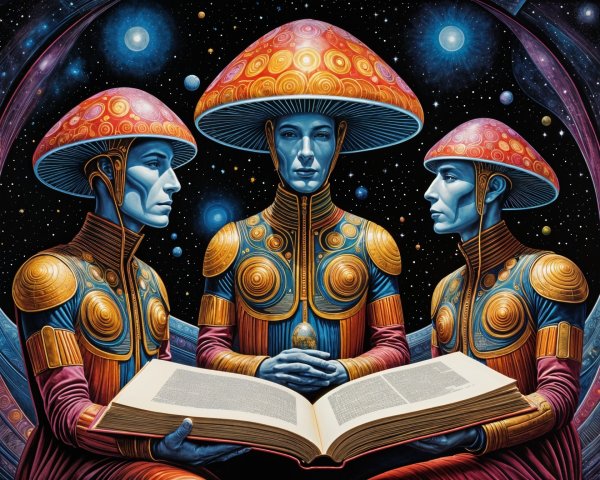 Futuristic figures reading in a cosmic setting