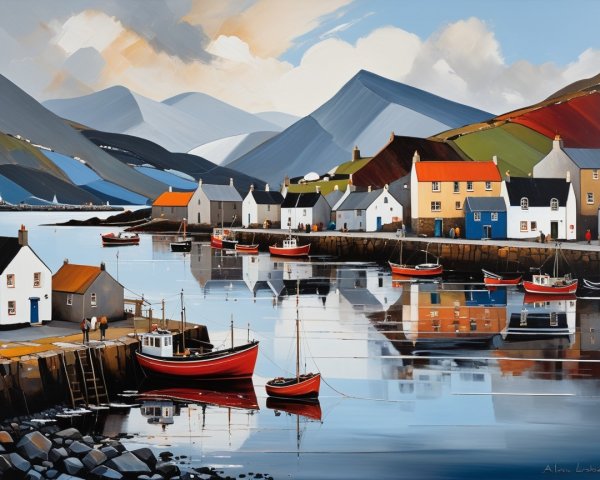 Charming Coastal Scene with Harbor and Mountains