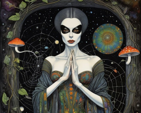 Watercolor painting of a woman in a cosmic setting