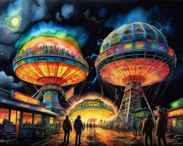 Futuristic Carnival Night Scene with Colorful Structures