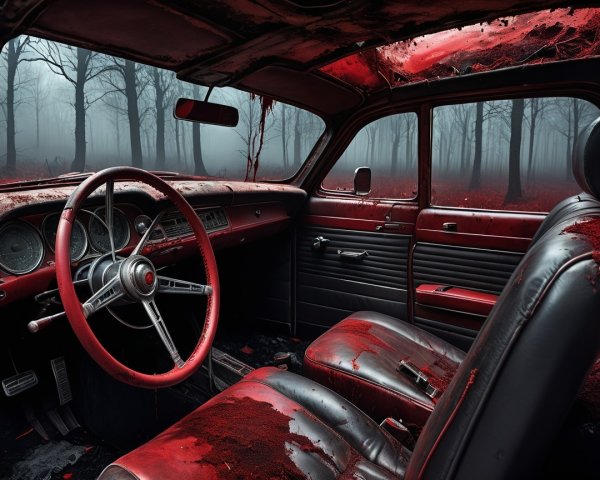 Old Car Interior with Red Hues and Foggy Forest View