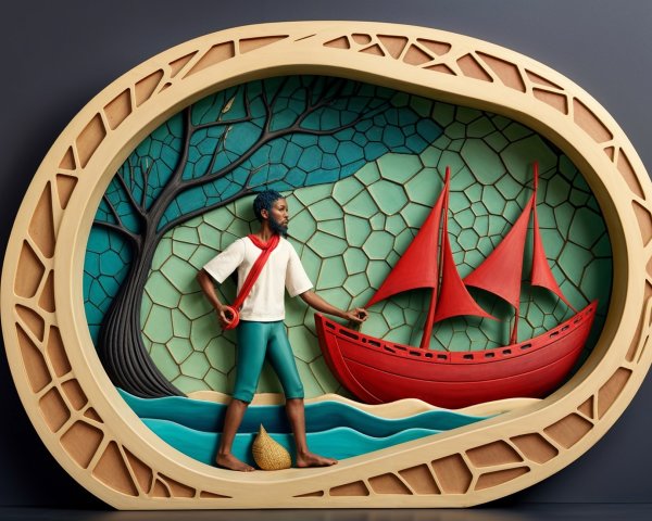 Three-Dimensional Scene with Man by Riverbank