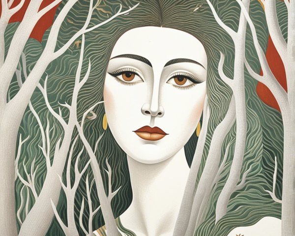 Serene Woman with Green Hair in Whimsical Forest