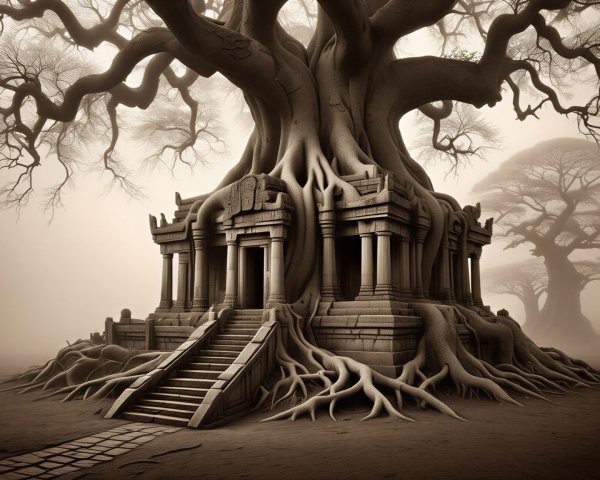 Colossal Tree and Ancient Temple in Ethereal Mist
