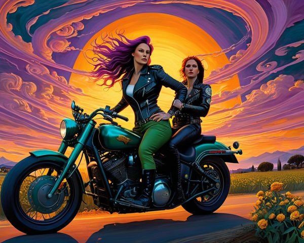 Powerful Women on Vintage Motorcycle at Sunset