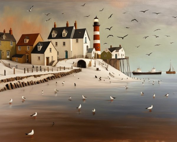 Coastal Winter Scene with Lighthouse and Fishing Boats