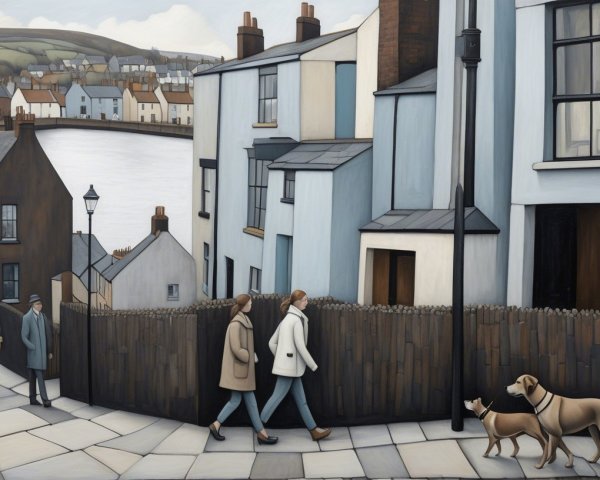 Serene Town Scene with Figures and Pastel Houses