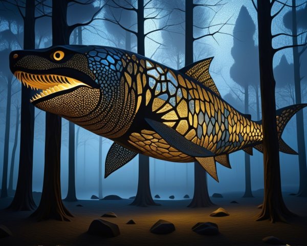 Oversized fish swimming in a mystical blue fog forest