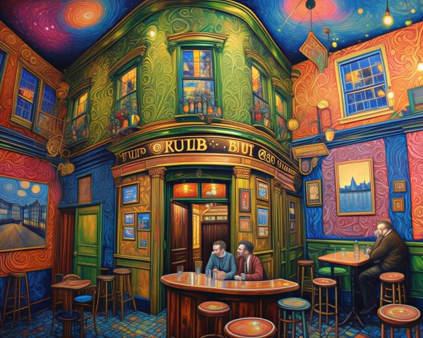 Vibrant Pub Interior with Bold Colors and Art Decor