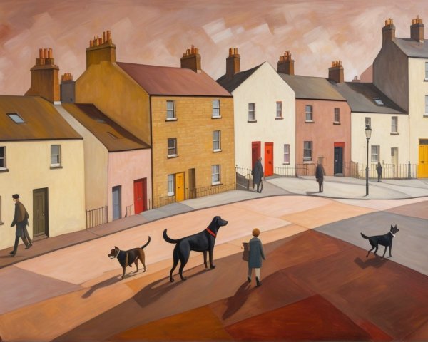 Serene Street Scene with Colorful Houses and People