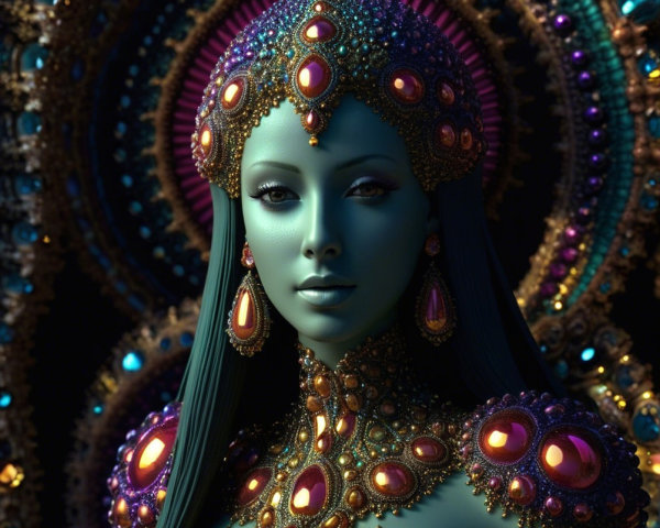 Ethereal Woman in Jewel-Encrusted Attire and Colors