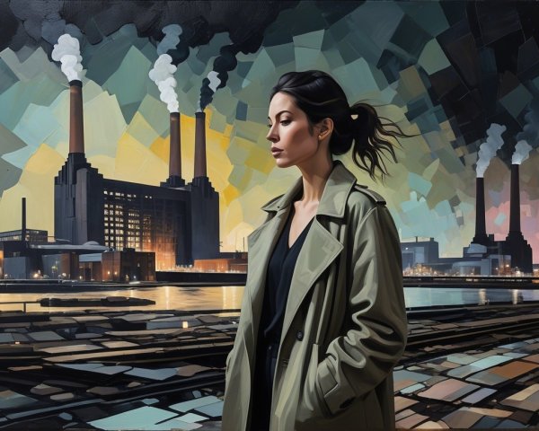 Silhouette of a Reflective Woman Against Industrial Skyline