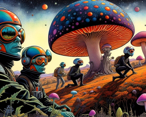 Whimsical Alien Landscape with Giant Multicolored Mushrooms