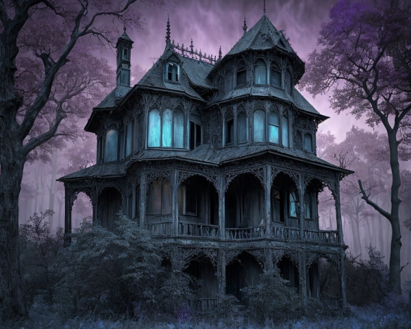 Decaying Victorian Mansion in a Mysterious Forest