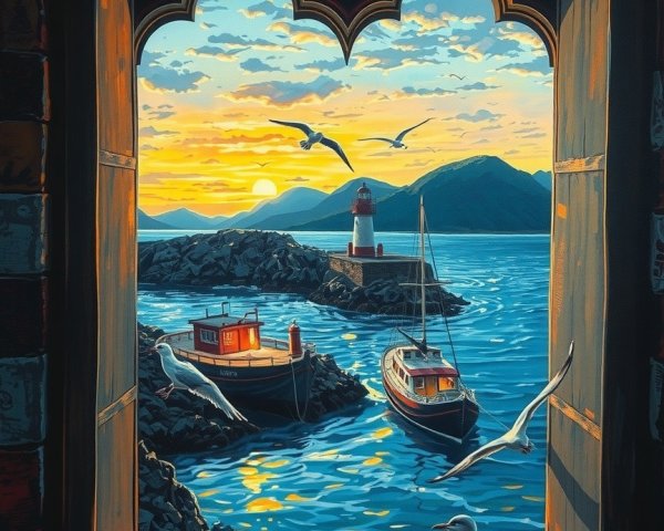 Seascape View Through Ornate Window at Sunset