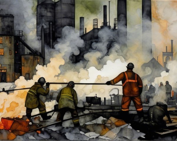 Gritty Industrial Scene with Workers in Protective Gear