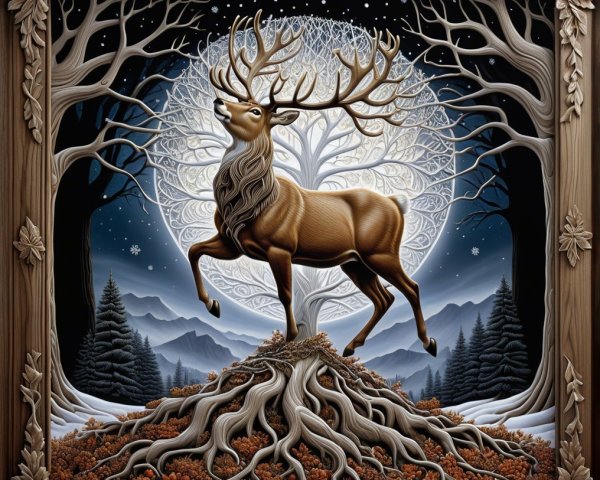Majestic stag on gnarled roots under full moon