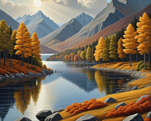 Tranquil Lake with Autumn Foliage and Mountains