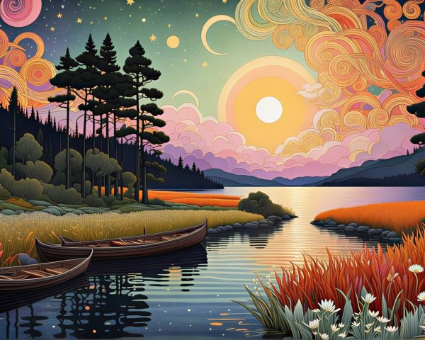 Vibrant Landscape with Lake, Boats, and Sunset Sky