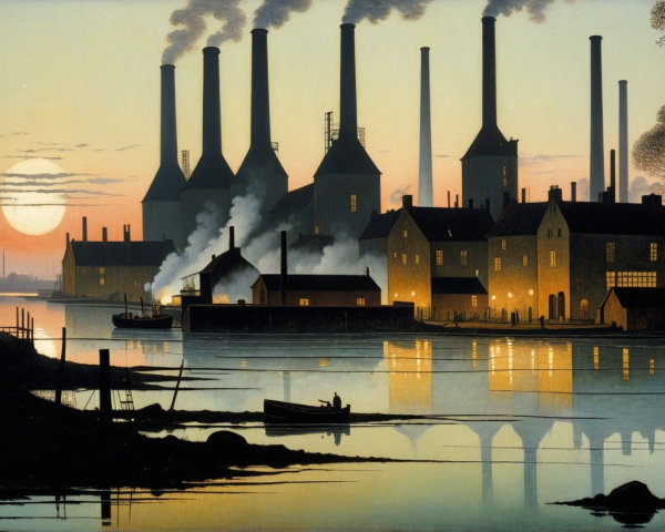 Tranquil Industrial Scene at Dusk with Smokestacks