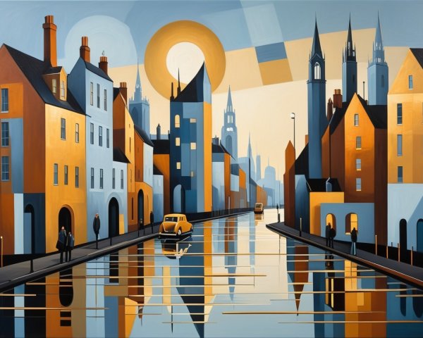 Stylized Urban Landscape with Colorful Buildings and Canal