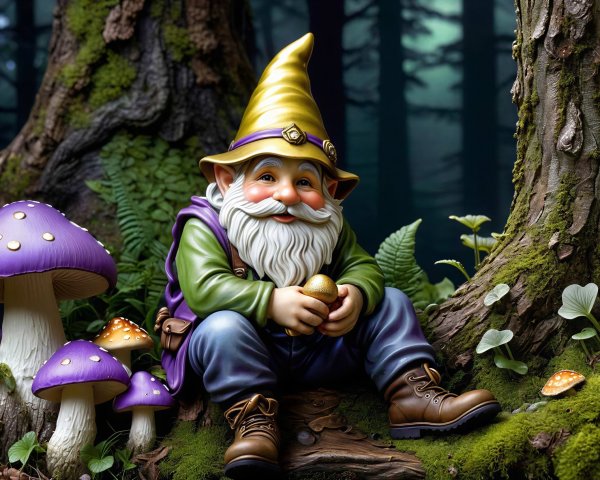 Charming Garden Gnome in a Lush Forest Setting
