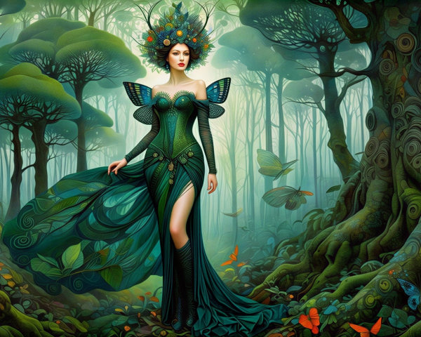 Mystical figure in enchanted forest with butterflies