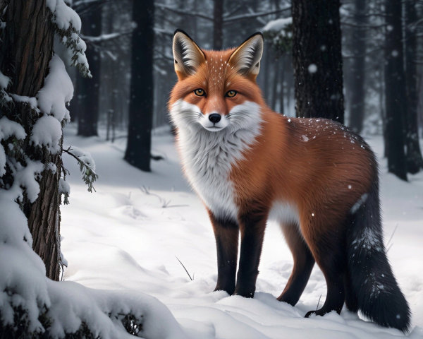Red Fox in Snowy Forest Setting with Winter Atmosphere