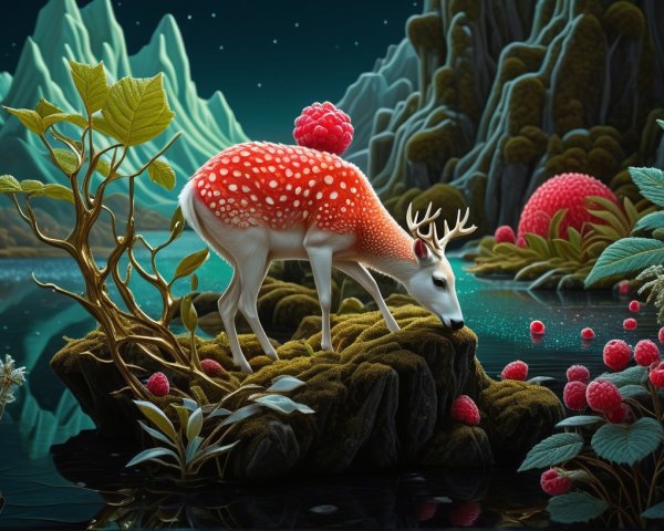 Surreal Landscape with Deer and Giant Raspberries